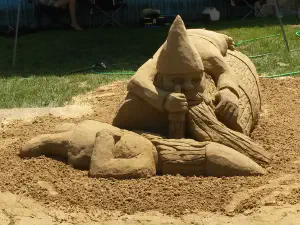 thumbnail of Gnomes and a Keg sand sculpture