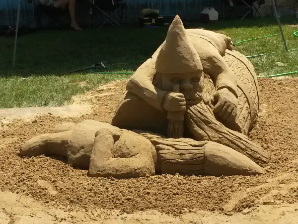 Gnomes and a Keg sand sculpture